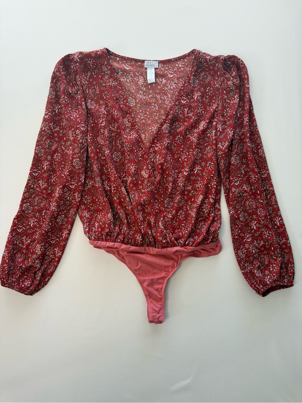West of Melrose Red Floral Boho Long Sleeve Bodysuit Top Size Large 🌸